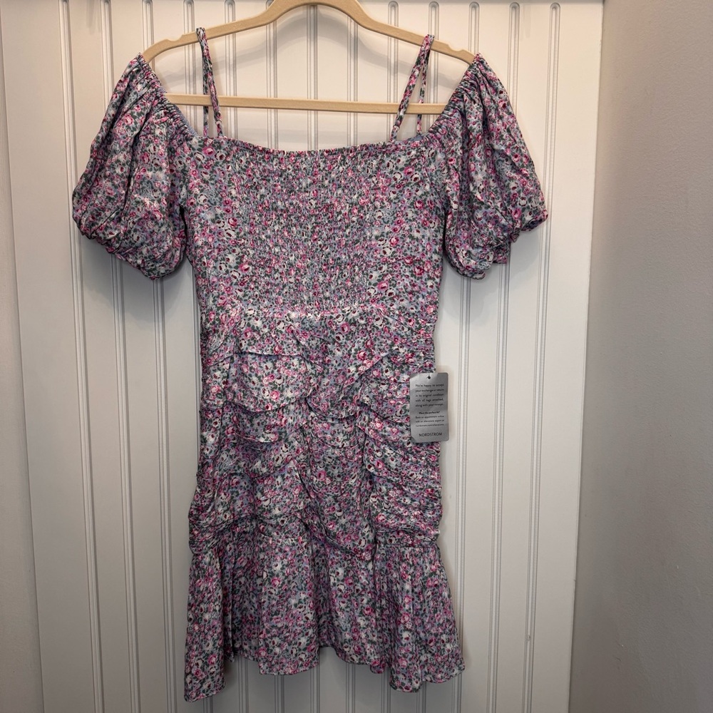 Astr The Label Pink Blue Ditzy Floral Off-Shoulder Garden Girl Weddng Min Dress - Picture 8 of 8